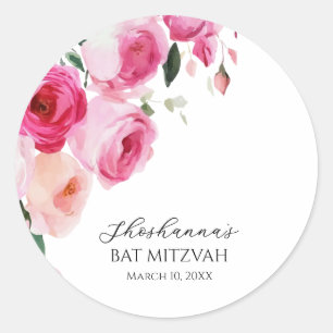 Adesivo Redondo Batem de Mitzvah Floral Moderno Rosa