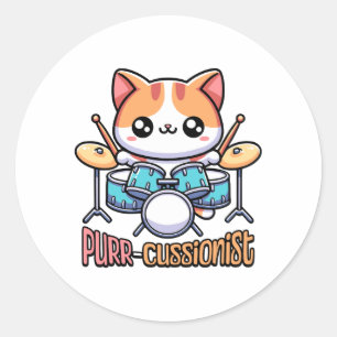 Adesivo Redondo Baterista Cute Purrcussionista Cat Pun