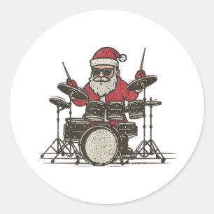 Adesivo Redondo Baterista Natal Engraçado Vintage Papai Noel Tocan