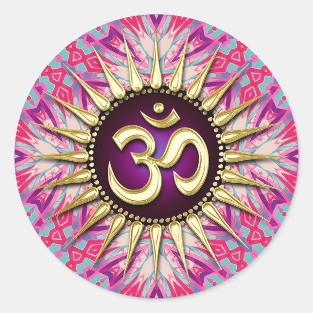 Adesivo Redondo Batik Fuchsia Rosa Púrpura e Sol Om (Frente)