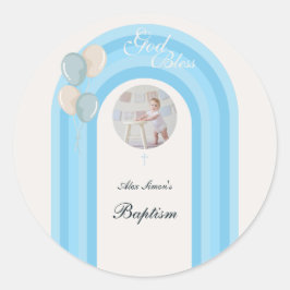 Adesivo Redondo Batismo Azul Moderno com Foto Personalizada