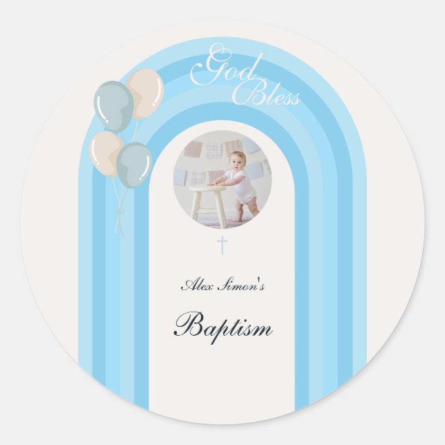 Adesivo Redondo Batismo Azul Moderno com Foto Personalizada (Frente)