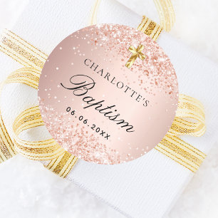 Adesivo Redondo Batismo blush rosa dourado dourado dourado nome de