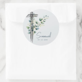 Adesivo Redondo Batismo Christening Boy Modern Botanical Cross