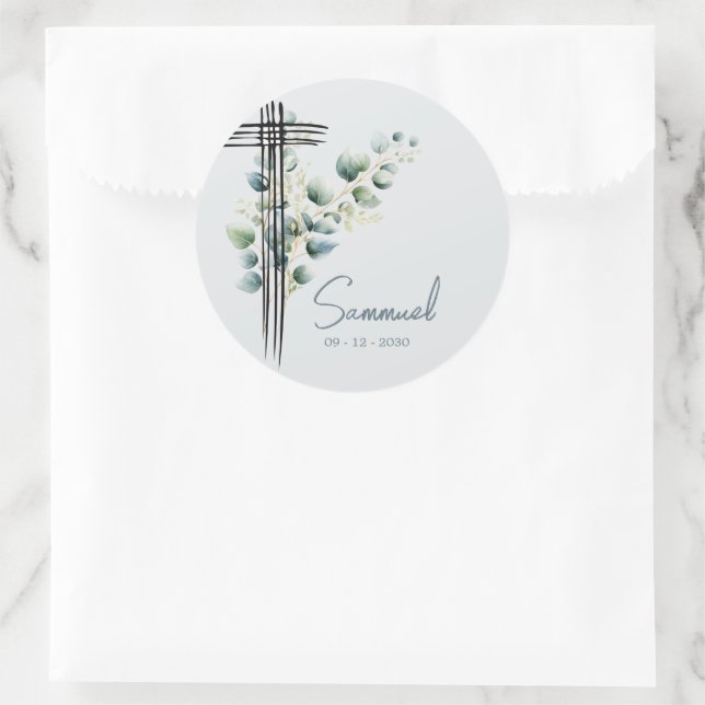 Adesivo Redondo Batismo Christening Boy Modern Botanical Cross (Bolsa)