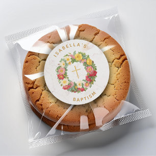 Adesivo Redondo Batismo Cruz Floral Dourada com Grinalda de Rosa B