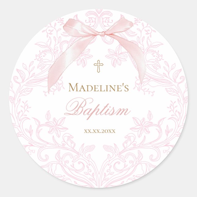 Adesivo Redondo Batismo da crista rosa com aquarela (Frente)