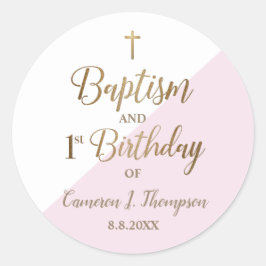 Adesivo Redondo Batismo de Bebê Rosa Personalizada no primeiro ani