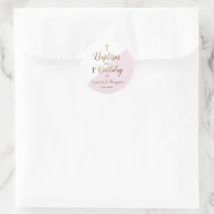 Adesivo Redondo Batismo de Bebê Rosa Personalizada no primeiro ani