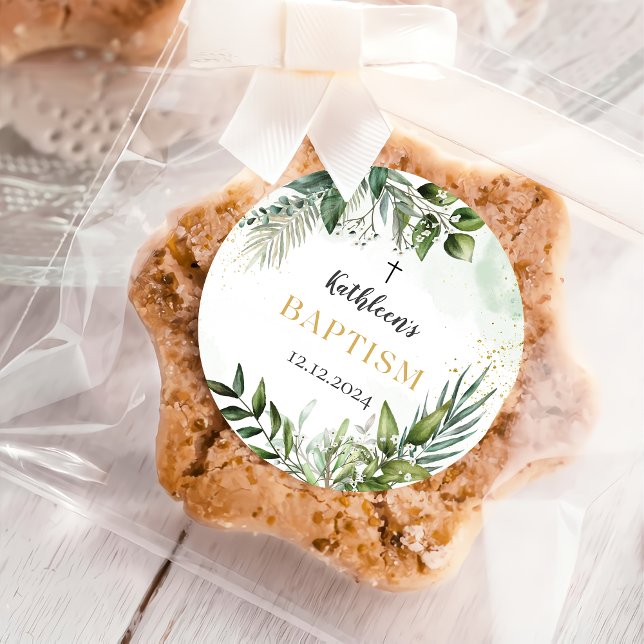 Adesivo Redondo Batismo de Folhagem Elegante (Criador carregado)