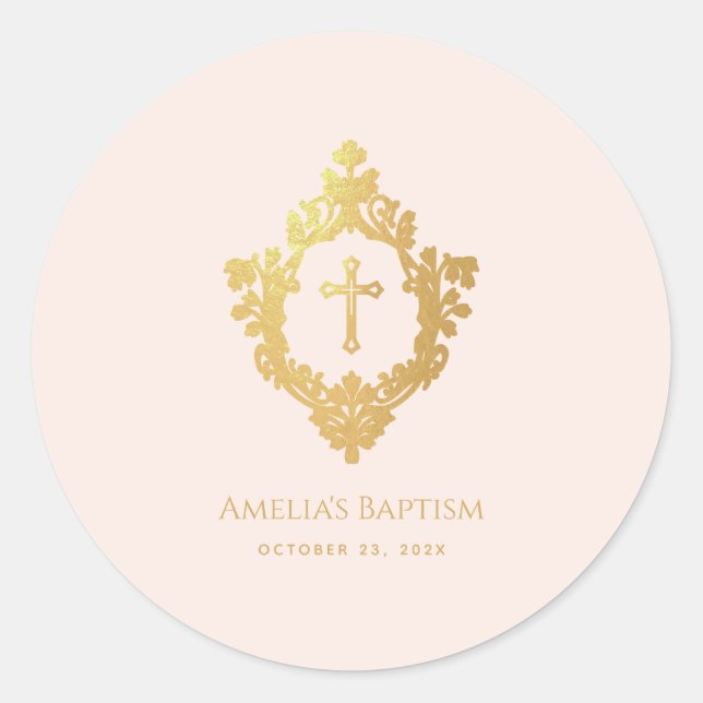 Adesivo Redondo Batismo de Menina Rosa Elegante Crista de Ouro Fal (Frente)