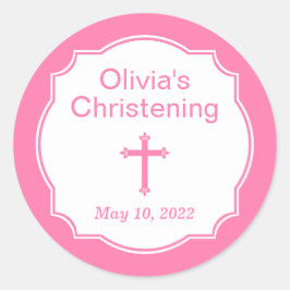 Adesivo Redondo Batismo de Natal Cruzado Rosa Moderno