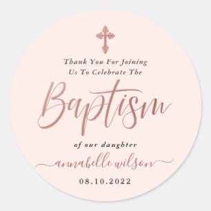 Adesivo Redondo Batismo De Rosa Dourada E Rosa, Obrigado 