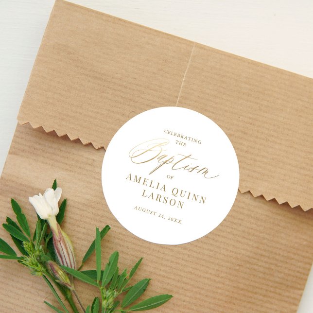 Adesivo Redondo Batismo de Script de Caligrafia Dourada Elegante S (Criador carregado)