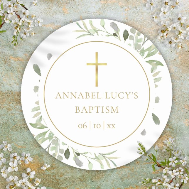 Adesivo Redondo Batismo de Verde Folhagem em Aquarela (Watercolor Greenery Baptism Christening Classic Round Sticker)
