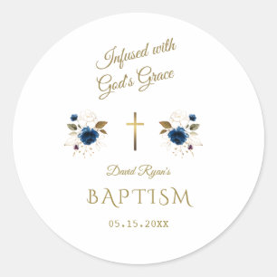Adesivo Redondo Batismo Dourado Floral Azul Cor-de-rosa Gêmeos com