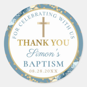 Adesivo Redondo Batismo Dourado Floral Azul-Sujo Obrigado