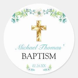 Adesivo Redondo Batismo Dourado Floral Elegante