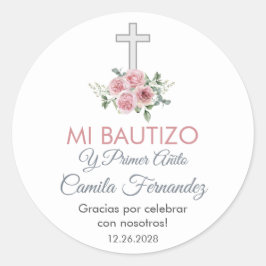 Adesivo Redondo Batismo e Primeiro Aniversário Favorecem Rosas Ros