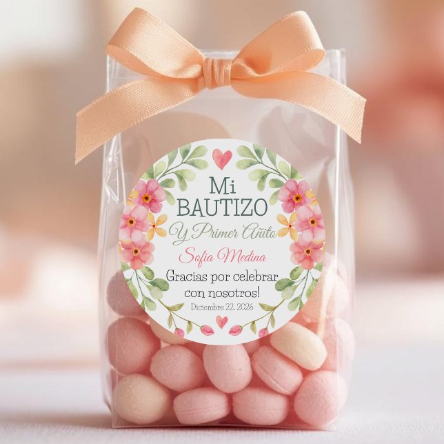 Adesivo Redondo Batismo e Primeiro Aniversário Flores de Pia-Cobra (Criador carregado)