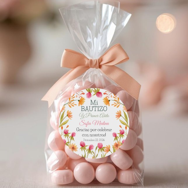 Adesivo Redondo Batismo e Primeiro Aniversário Flores Rosa (Criador carregado)