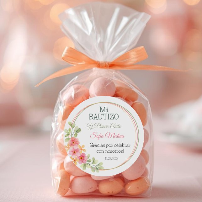 Adesivo Redondo Batismo Elegante e Flores Rosa de Primeiro Anivers (Criador carregado)