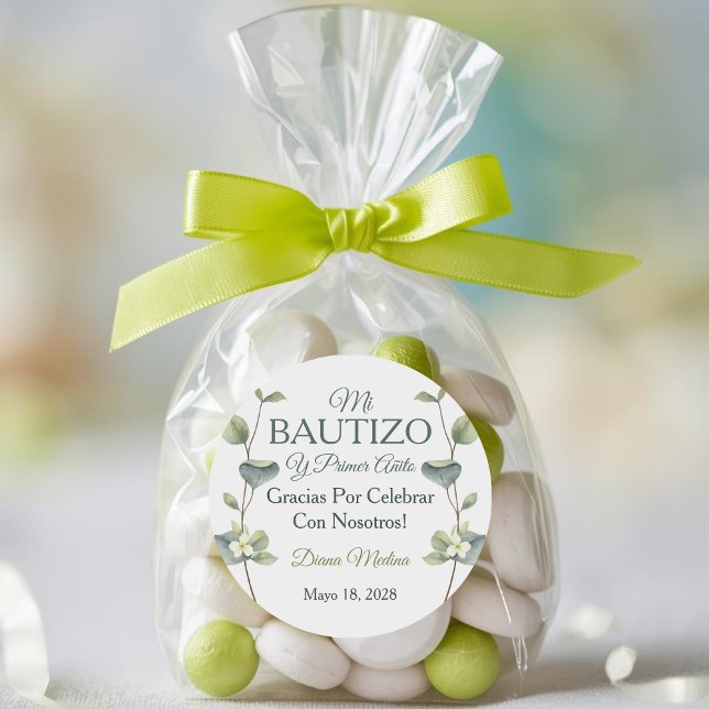 Adesivo Redondo Batismo Elegante e Primeira Folha Verde de Anivers (Criador carregado)