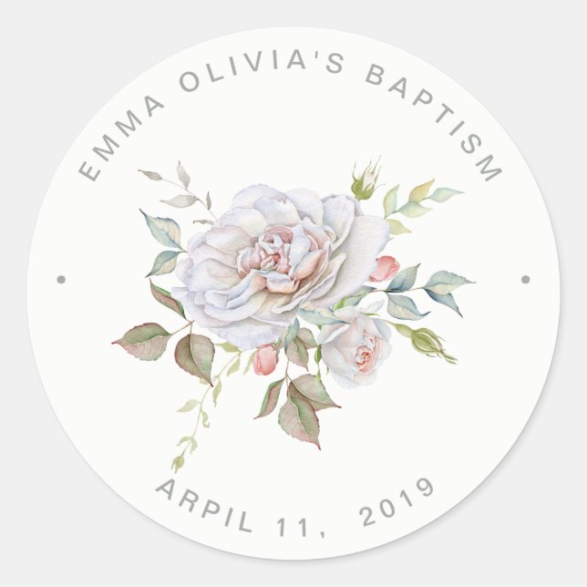 Adesivo Redondo Batismo Elegante Moderno | Delicado Floral (Frente)