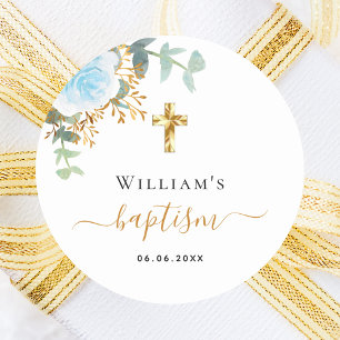 Adesivo Redondo Batismo eucalipto verde azul-floral