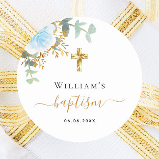 Adesivo Redondo Batismo eucalipto verde azul-floral menino floral