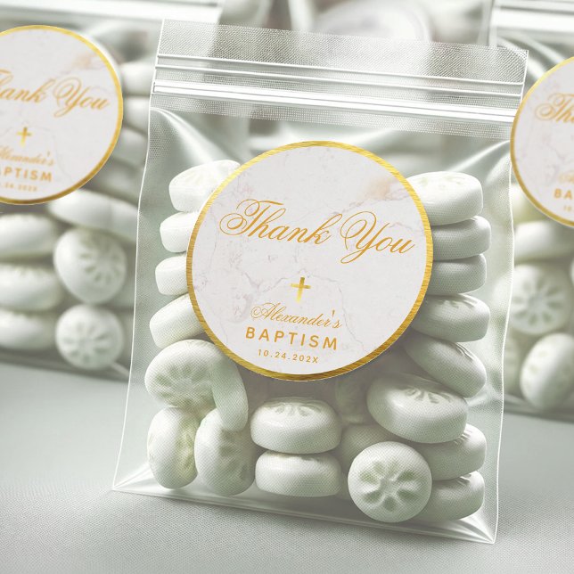 Adesivo Redondo Batismo Favorece Elegante Obrigado Faux Dourado Ma (Criador carregado)