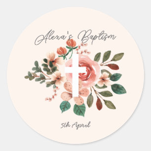 Adesivo Redondo Batismo Floral com Cross Sticker