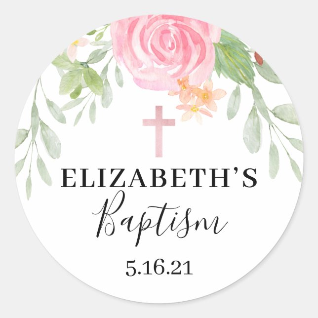 Adesivo Redondo Batismo Floral de Aquarela Elegante (Frente)