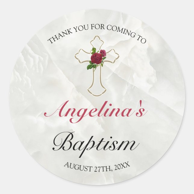 Adesivo Redondo Batismo Floral Dourado da Cruz Marble Elegante Obr (Frente)