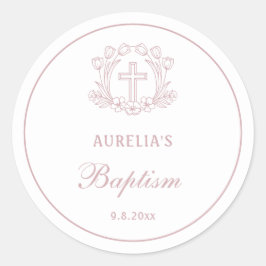 Adesivo Redondo Batismo Floral Rosa Simples