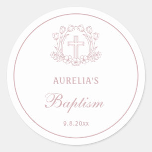 Adesivo Redondo Batismo Floral Rosa Simples