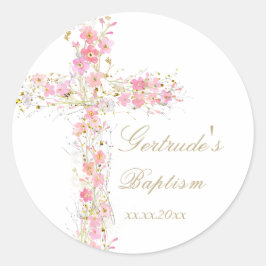 Adesivo Redondo Batismo florescente rosa flor cruz bebê