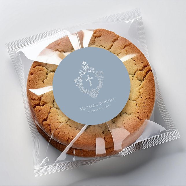 Adesivo Redondo Batismo Menino Azul Velho Cruz Crest Prata Antiga (Criador carregado)