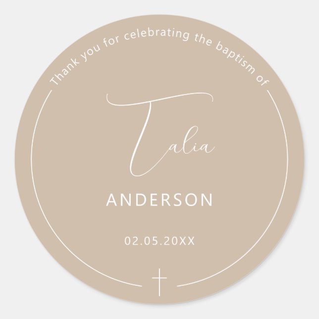 Adesivo Redondo Batismo Minimalista Cruz Simples Bege (Frente)