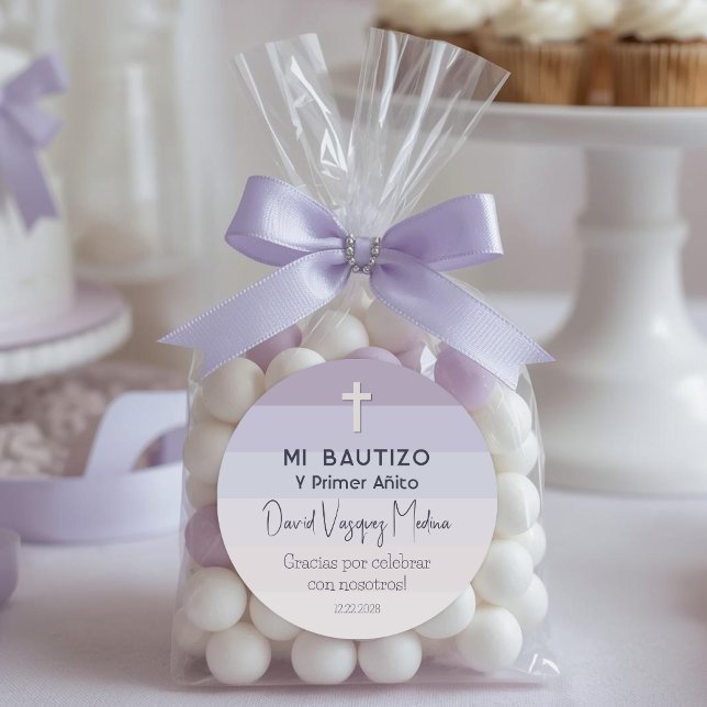 Adesivo Redondo Batismo Minimalista Roxo e Primeiro Aniversário (Criador carregado)