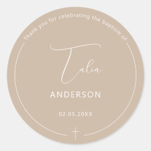 Adesivo Redondo Batismo Minimalista - Simples bege Cruzado