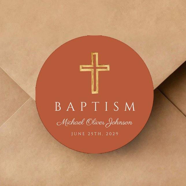 Adesivo Redondo Batismo religioso de Terracotta Moderno (Modern Terracotta Religious Cross Baptism Classic Round Sticker)
