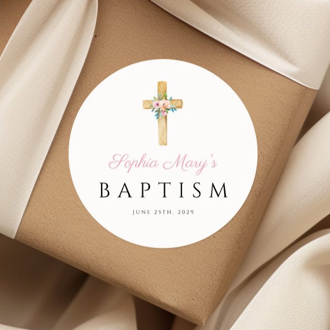 Adesivo Redondo Batismo religioso Floral Moderno Elegante (Elegant Modern Floral Religious Cross Baptism Classic Round Sticker)