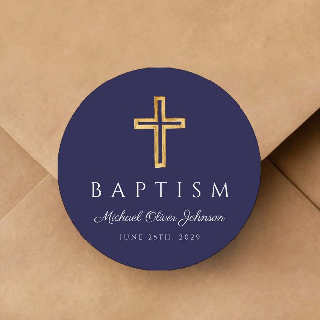 Adesivo Redondo Batismo religioso marinho Azul (Navy Blue Religious Cross Boy Baptism Classic Round Sticker)