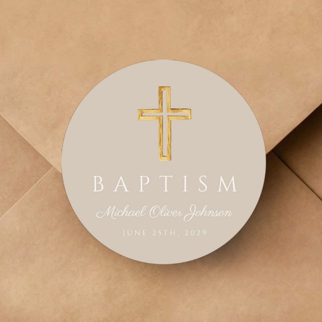 Adesivo Redondo Batismo Religioso Moderno do Taupe (Modern Taupe Religious Cross Baptism Classic Round Sticker)