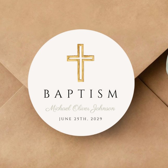Adesivo Redondo Batismo Verde Elegante Cruzado Religioso (Elegant Religious Cross Sage Green Script Baptism Classic Round Sticker)