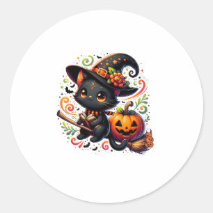 Adesivo Redondo Bats Black Cat Witch Hat Wand Pumpkin Cute Hallowe
