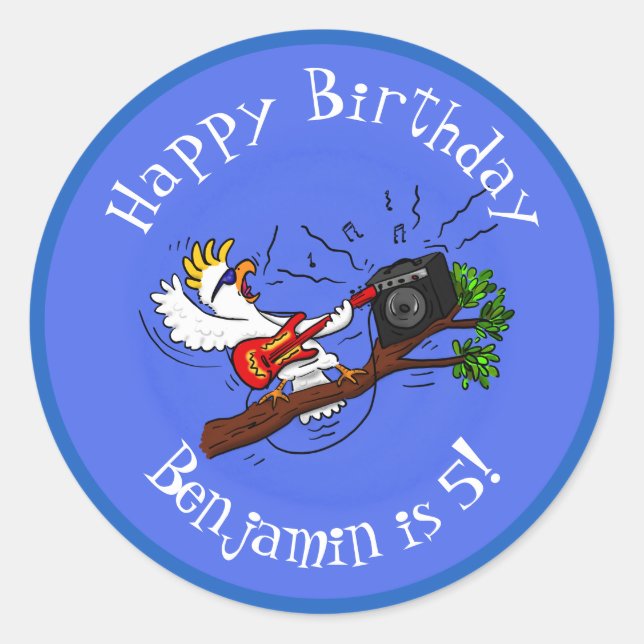 Adesivo Redondo Batuta engraçada tocando cartoon de violão (Frente)