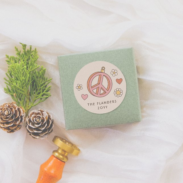 Adesivo Redondo Bauble Retro Groovay Feriado de Natal Peace & Love (Criador carregado)