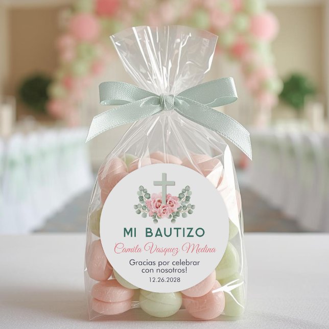 Adesivo Redondo Bautizo Cute Pink Roses e Deixa Batismo Espanhol (Criador carregado)